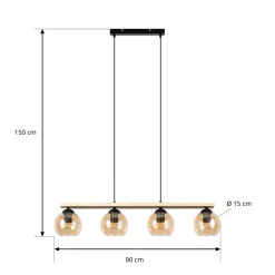 Lindby hængelampe Enrique, amber, 4 lyskilder, glas, træ, E27