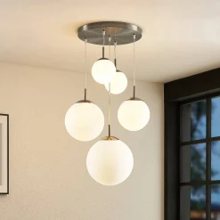 hængelampe Heleska, hvid, glas, 5 lyskilder, Ø 50 cm^Lindby Hot