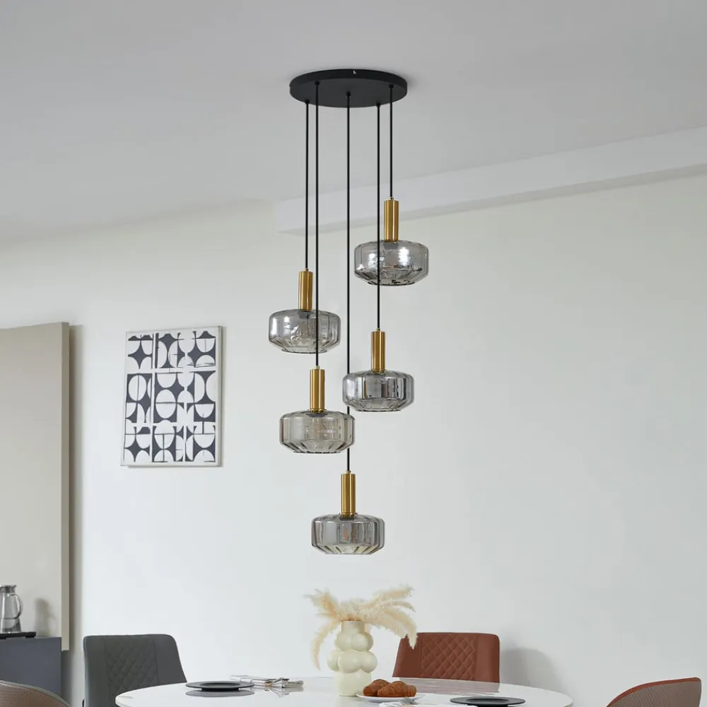 hængelampe Hildur, 5 lyskilder, røgfarvet grå, glas^Lindby Clearance