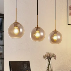 Lindby hængelampe Hiwana, røggrå, glas, 3 lyskilder