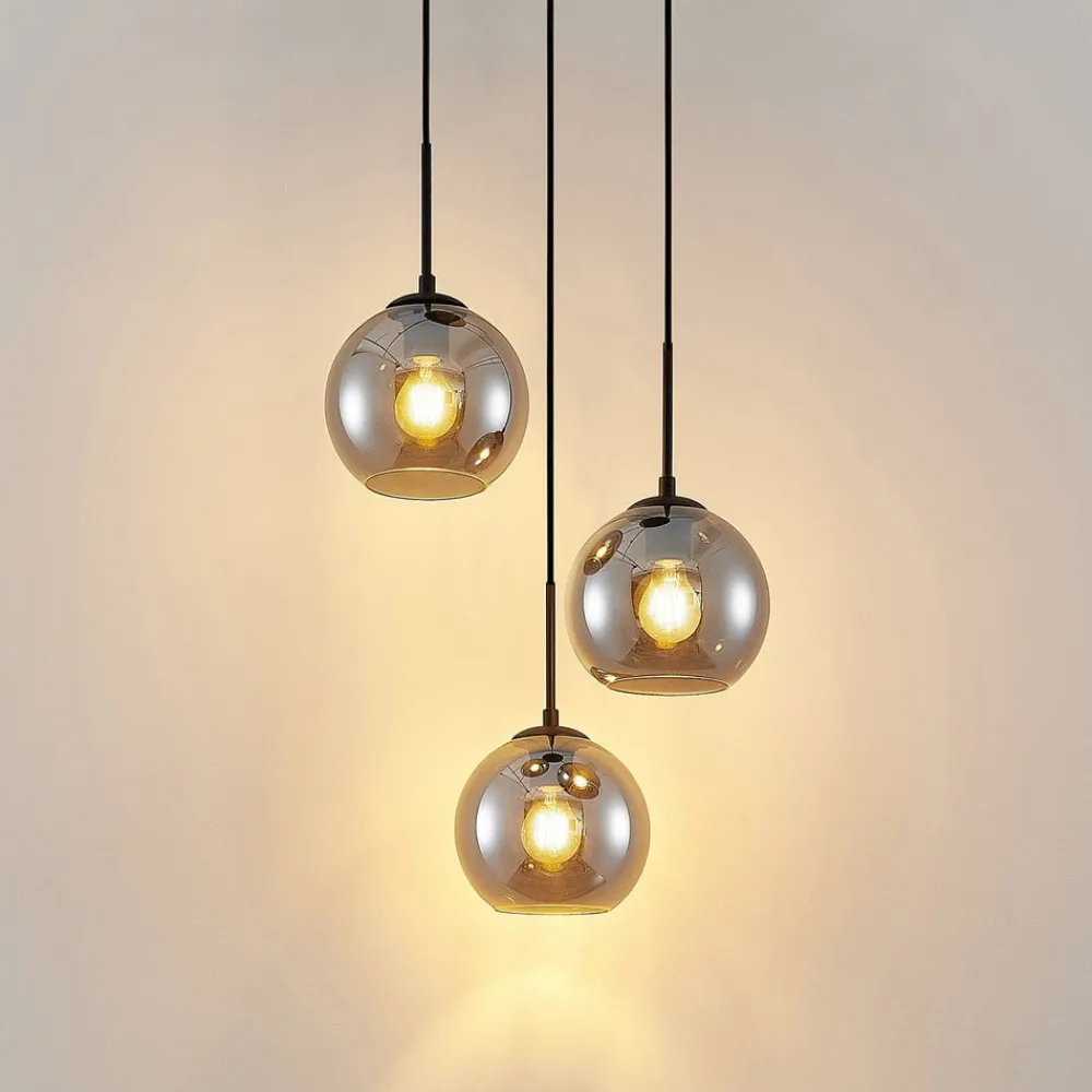 Lindby hængelampe Jurian, 32 cm, 3 lyskilder, sort/røget, glas