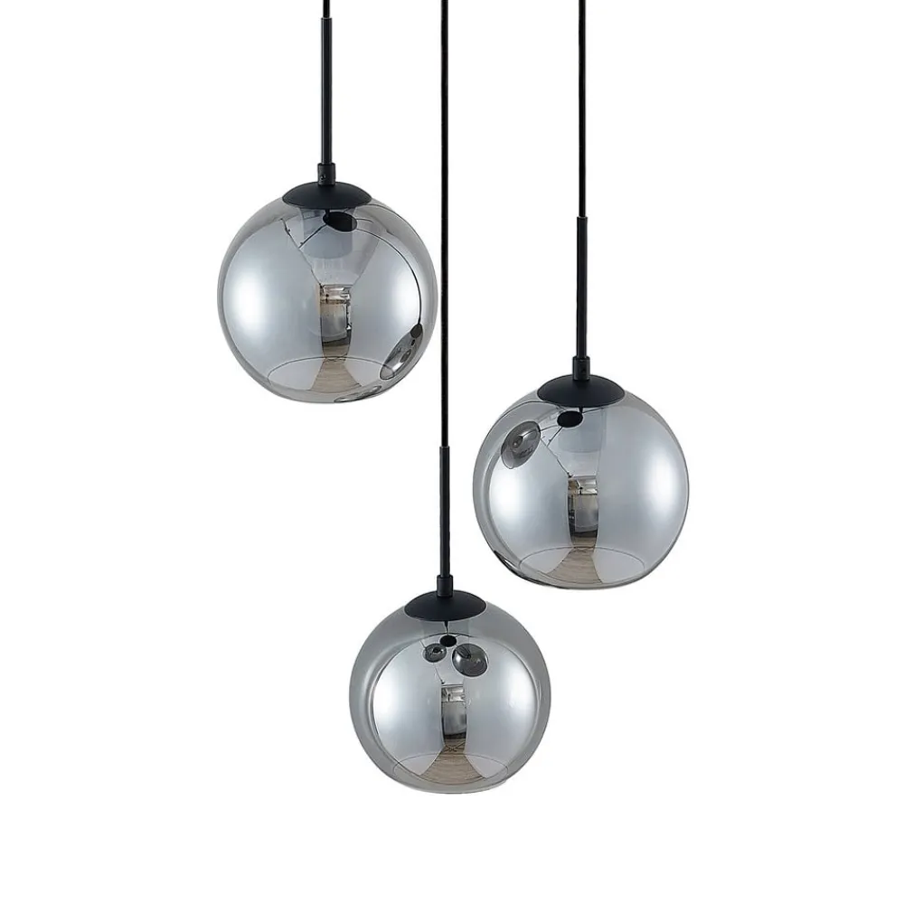 Lindby hængelampe Jurian, 32 cm, 3 lyskilder, sort/røget, glas