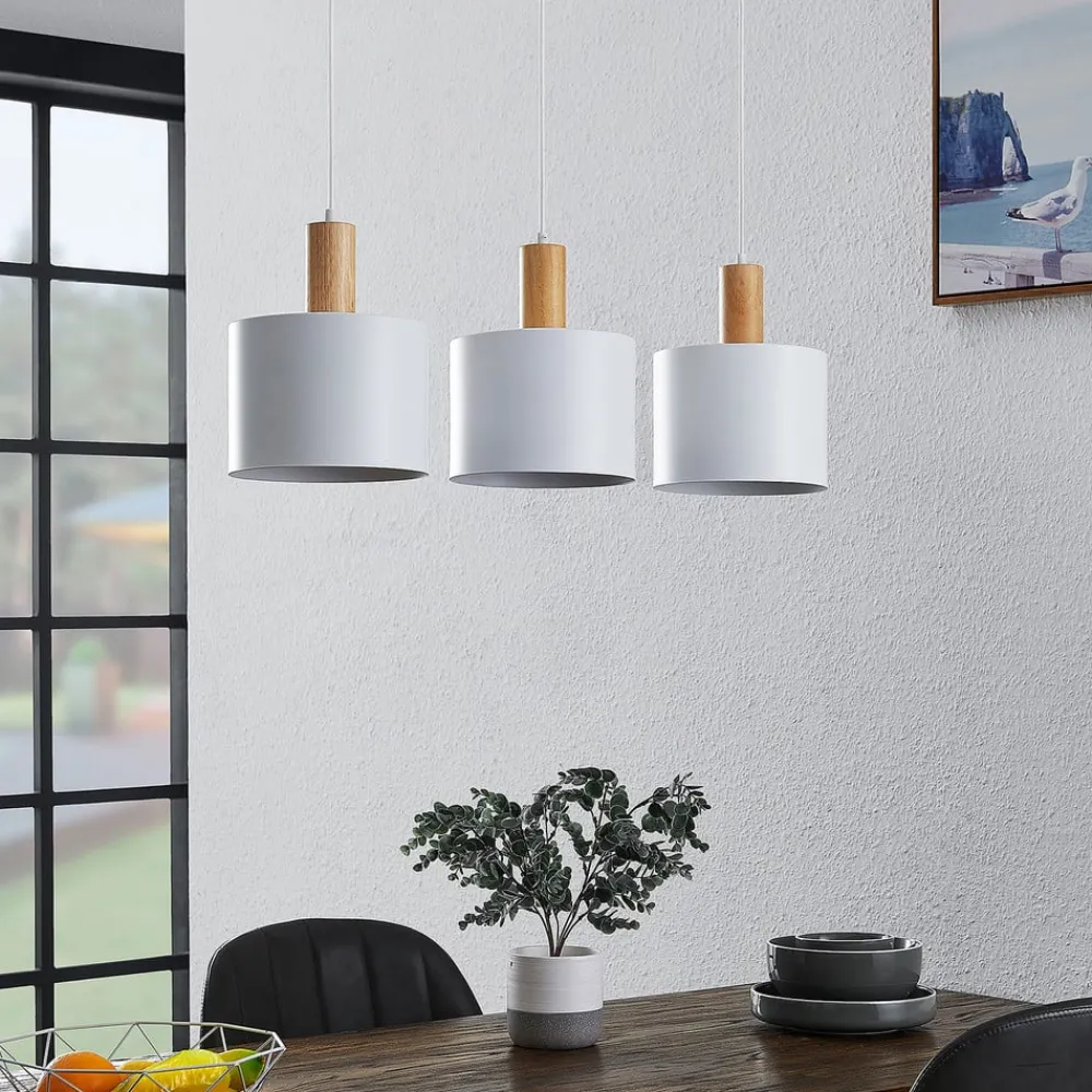 Lindby hængelampe Kadir, 73 cm, 3 lyskilder, hvid, træ