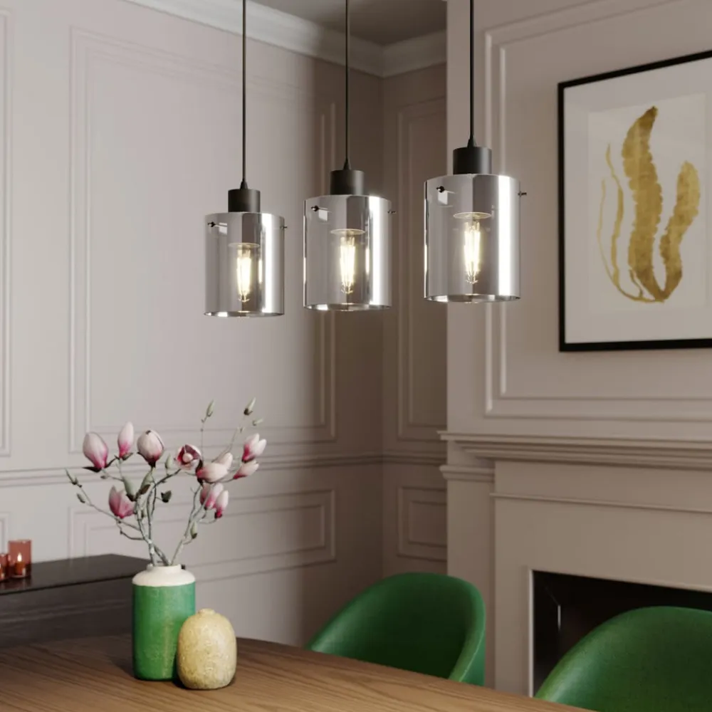 Lindby hængelampe Kourtney, 3 lyskilder, sort/grå, glas, E27