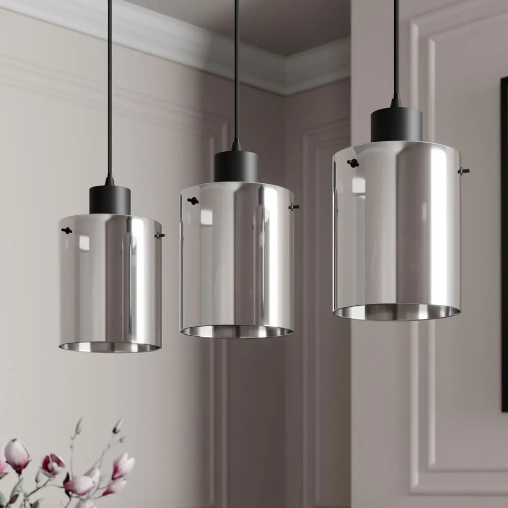 Lindby hængelampe Kourtney, 3 lyskilder, sort/grå, glas, E27