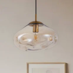 Lindby hængelampe Lelia, ravfarvet, glas, Ø 35 cm