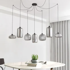 Lindby hængelampe Marla, 7 lyskilder, glas, røgfarvet grå, 128 cm