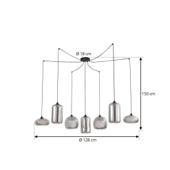 Lindby hængelampe Marla, 7 lyskilder, glas, røgfarvet grå, 128 cm