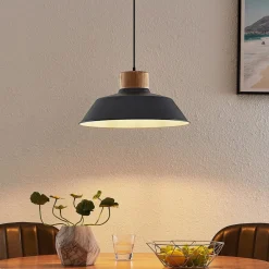 Lindby Pendellamper>hængelampe Nefeli, Ø 42 cm, sort, træ, metal