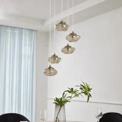 hængelampe Piatra, Ø45cm, 5 lyskilder, cognac/messing, glas^Lindby Outlet