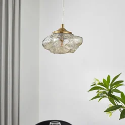 hængelampe Piatra, rav/messing, glas, Ø 16 cm, G9^Lindby New