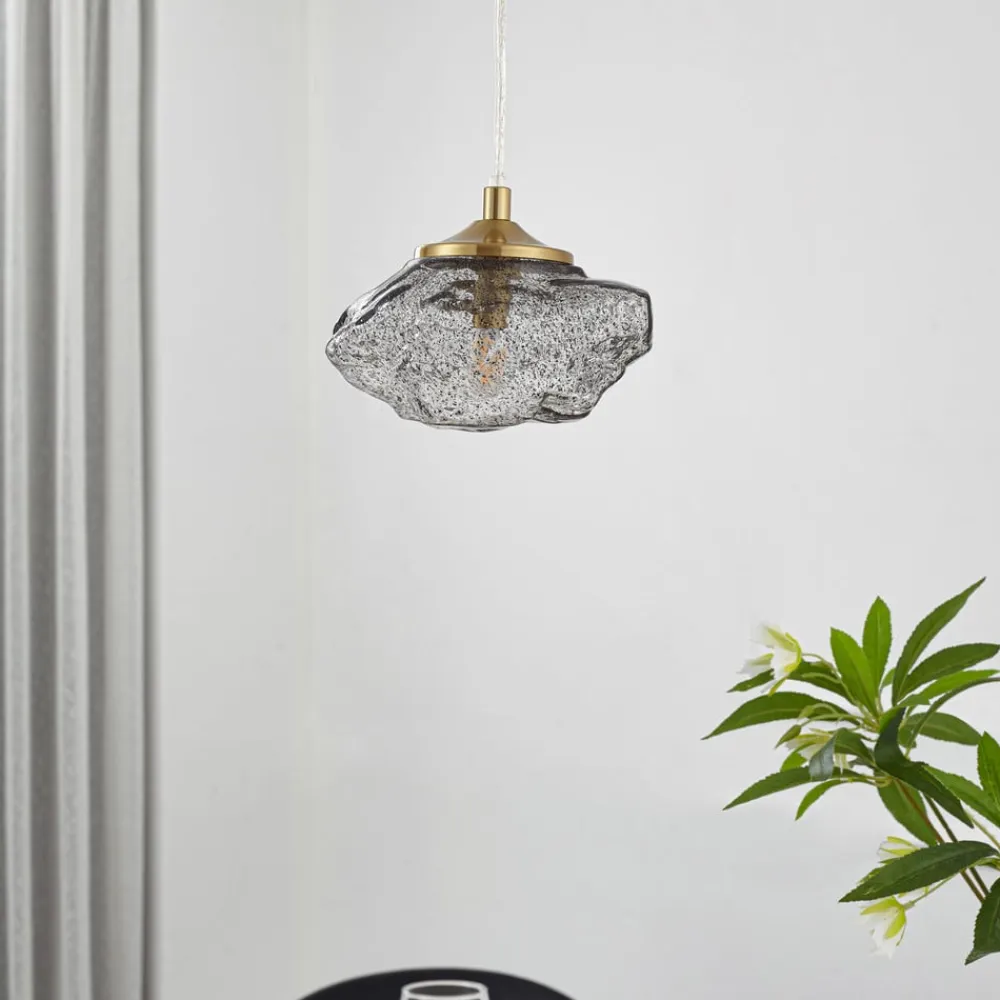 hængelampe Piatra, røg/messing, glas, Ø 16 cm, G9^Lindby Online