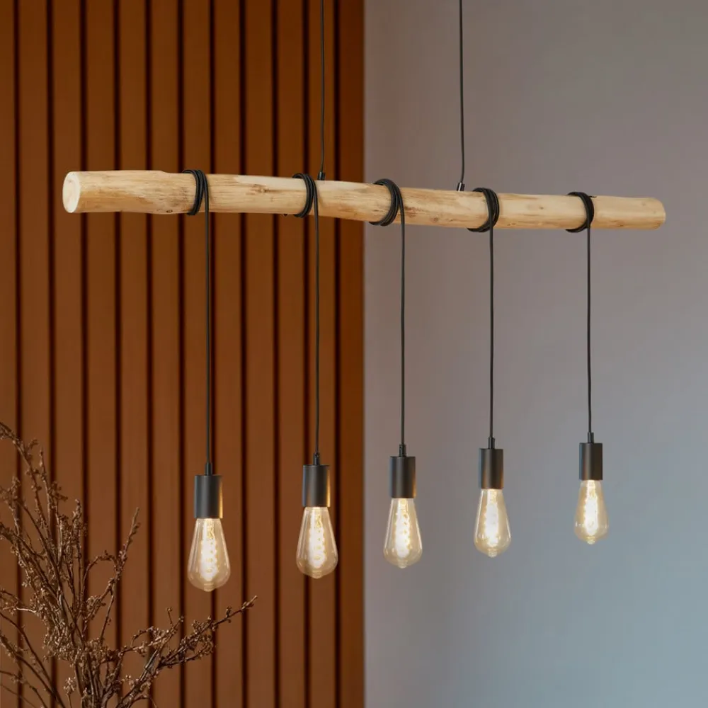 hængelampe Rom, 5 lyskilder, træ, reb, sort, 116 cm^Lindby Hot