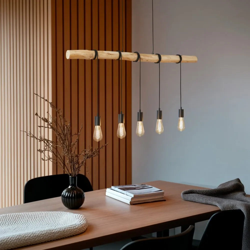 hængelampe Rom, 5 lyskilder, træ, reb, sort, 116 cm^Lindby Hot