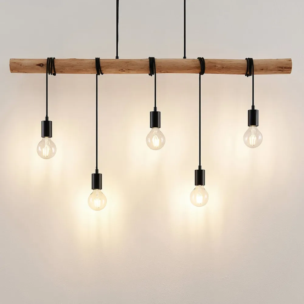 hængelampe Rom, 5 lyskilder, træ, reb, sort, 116 cm^Lindby Hot