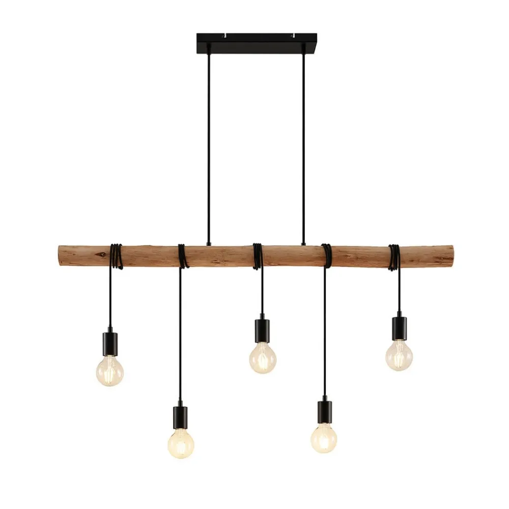 hængelampe Rom, 5 lyskilder, træ, reb, sort, 116 cm^Lindby Hot