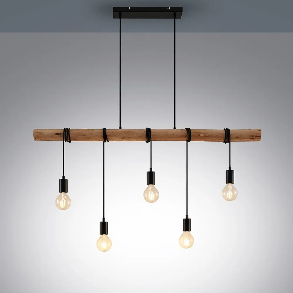hængelampe Rom, 5 lyskilder, træ, reb, sort, 116 cm^Lindby Hot