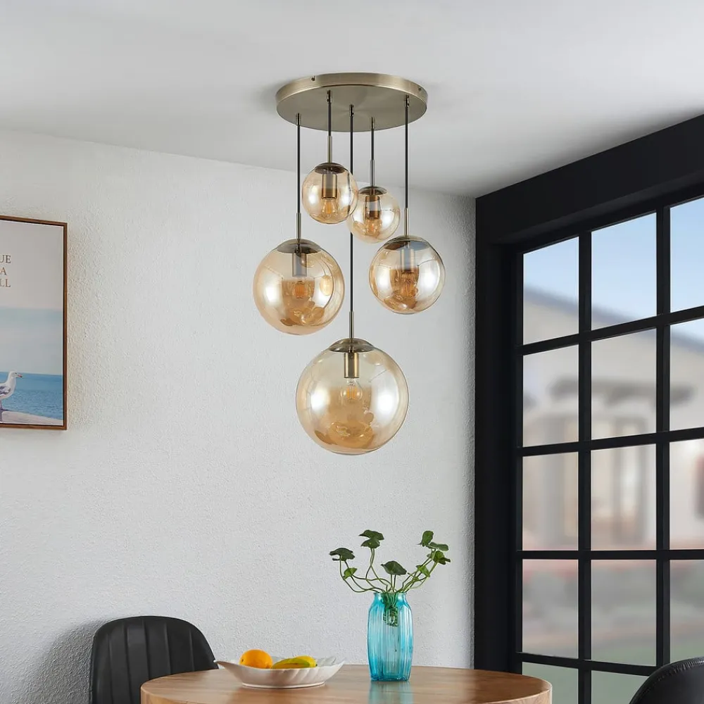 Lindby Pendellamper>hængelampe Teeja, amber, 5 lyskilder, Ø50cm, glas, E27