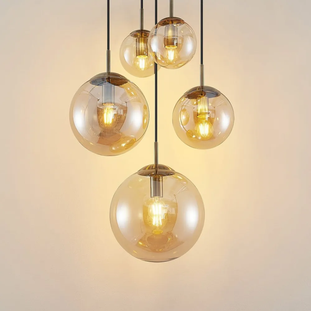 Lindby Pendellamper>hængelampe Teeja, amber, 5 lyskilder, Ø50cm, glas, E27