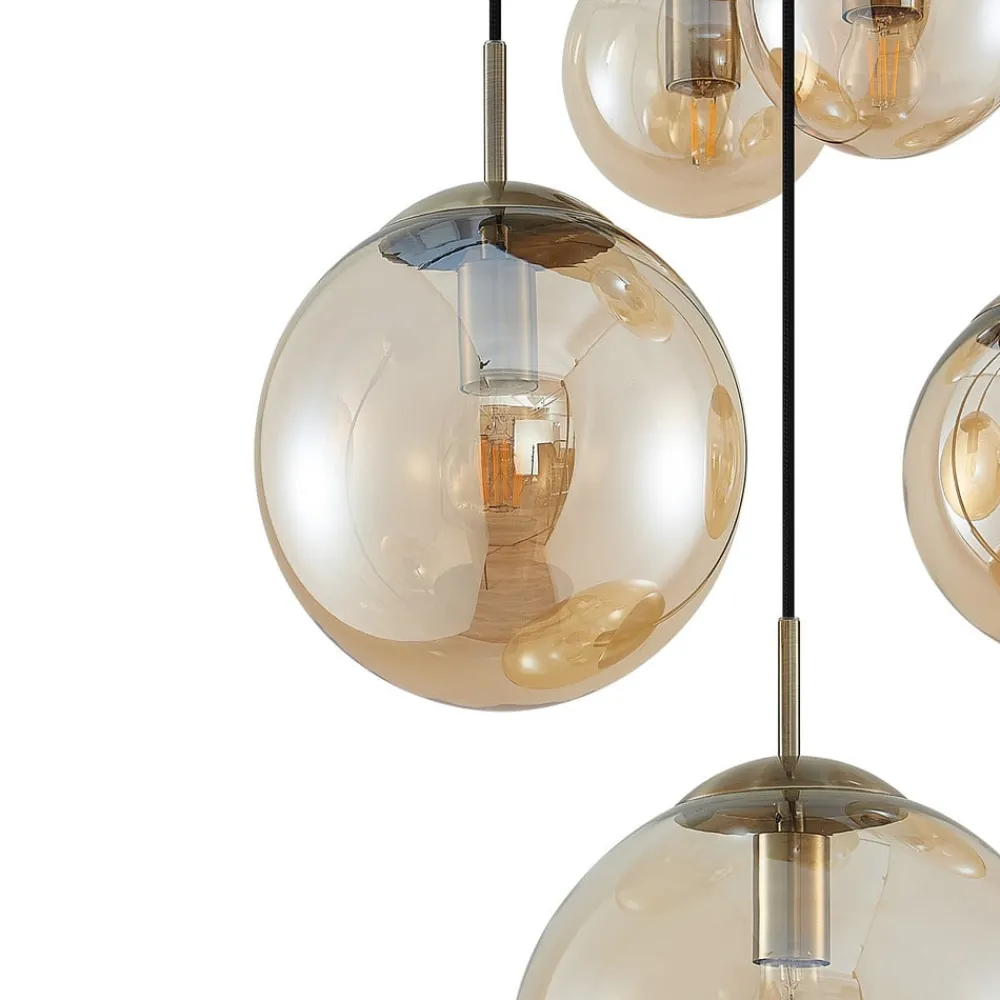Lindby Pendellamper>hængelampe Teeja, amber, 5 lyskilder, Ø50cm, glas, E27