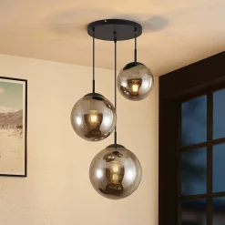 Lindby hængelampe Teeja, smoke, 3 lyskilder, Ø52cm, glas, E27