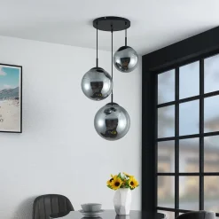 Lindby hængelampe Teeja, smoke, 3 lyskilder, Ø52cm, glas, E27