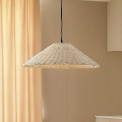 Lindby hængelampe Zyralia, træfarvet, rattan, Ø 50 cm