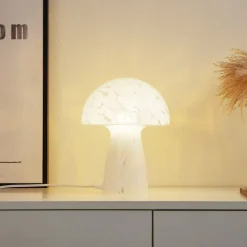 Lindby Hubi bordlampe, hvid, glas, Ø 22 cm, svampeform