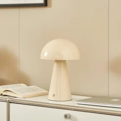 LED genopladelig bordlampe Nevijo, beige, Ø20cm, USB, dæmper^Lindby Sale