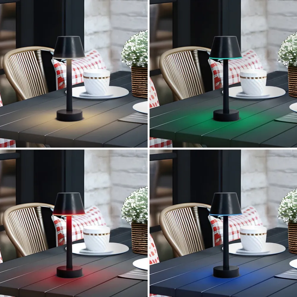 Lindby LED genopladelig lampe Gaja, sort, USB, IP44, RGBW, dæmpbar.