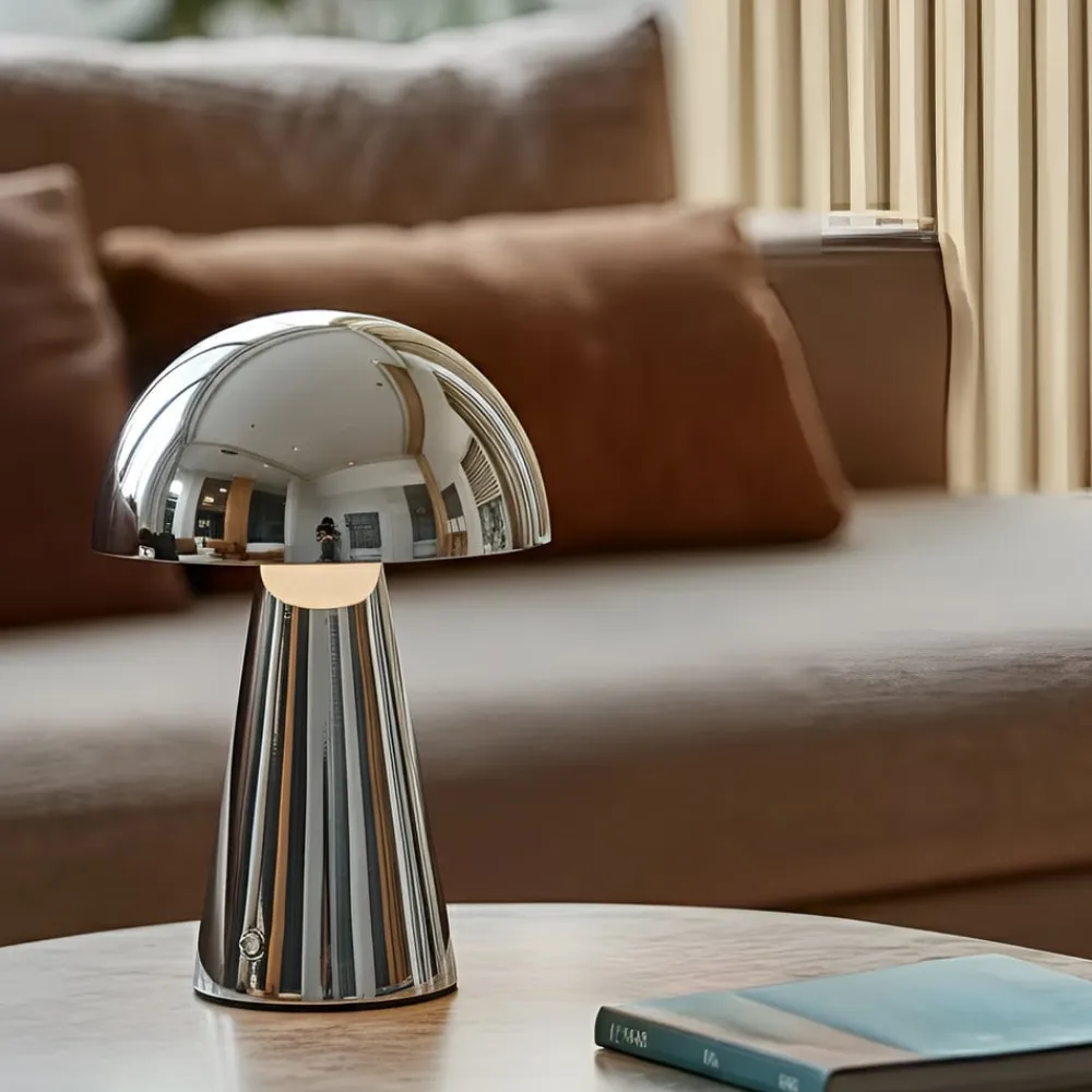 Lindby Pendellamper|Bordlamper>LED-bordlampe Nevijo, krom, Ø20 cm, USB, dæmpbar