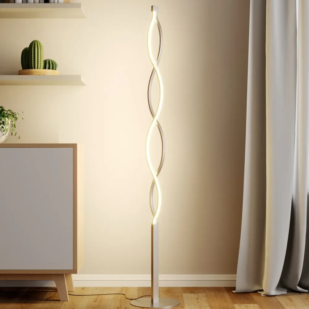 Lindby LED-gulvlampe Auron, nikkelfarvet, metal, touchdæmper