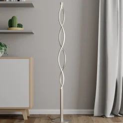 Lindby LED-gulvlampe Auron, nikkelfarvet, metal, touchdæmper