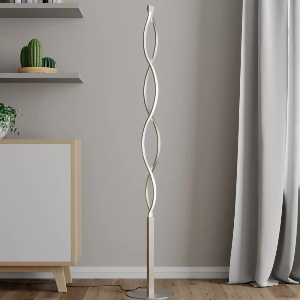 Lindby LED-gulvlampe Auron, nikkelfarvet, metal, touchdæmper