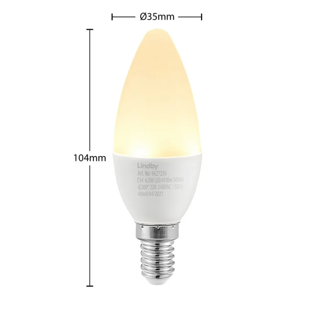 Lindby Led Pærer>LED-kertepære, E14, C35, 4,5W, opal, 3000K, sæt med 2 stk