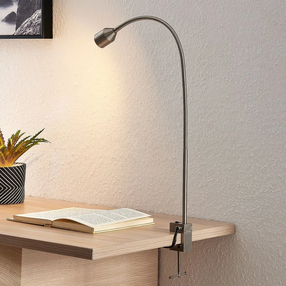 Lindby LED-klemmelampe Hanilo, højde 80 cm, nikkel, metal