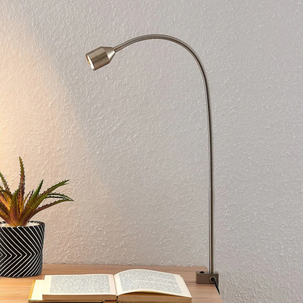 Lindby LED-klemmelampe Hanilo, højde 80 cm, nikkel, metal