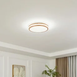 LED-loftlampe Emiva, Ø 39,5 cm, CCT, træ^Lindby New