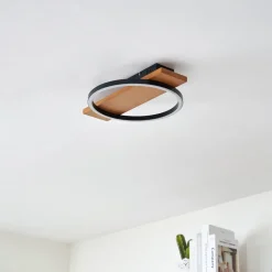 Lindby LED-loftlampe Galad, sort, træ, 30 cm, dæmpbar