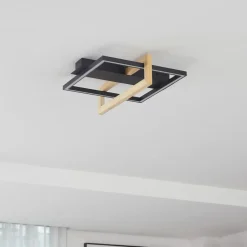 Lindby LED-loftlampe Holamu, 46 cm, sort, træ, metal