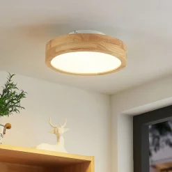 Lindby Gang|Loftlamper>LED-loftlampe Lanira, Ø 30 cm, træ, fjernbetjening, CCT
