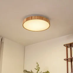 LED-loftlampe Velua, hvid/lys træ, CCT, Ø 50 cm^Lindby