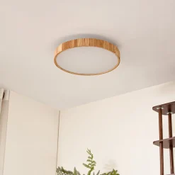 LED-loftlampe Velua, hvid/lys træ, CCT, Ø 50 cm^Lindby