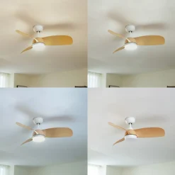 Lindby LED-loftventilator Enon, hvid/træfarvet, DC, støjsvag