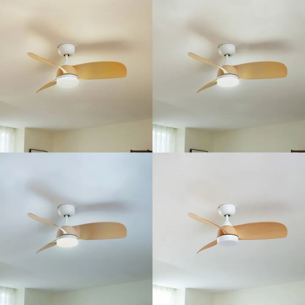 Lindby LED-loftventilator Enon, hvid/træfarvet, DC, støjsvag