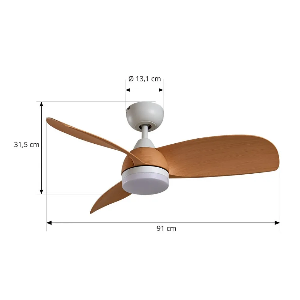 Lindby LED-loftventilator Enon, hvid/træfarvet, DC, støjsvag