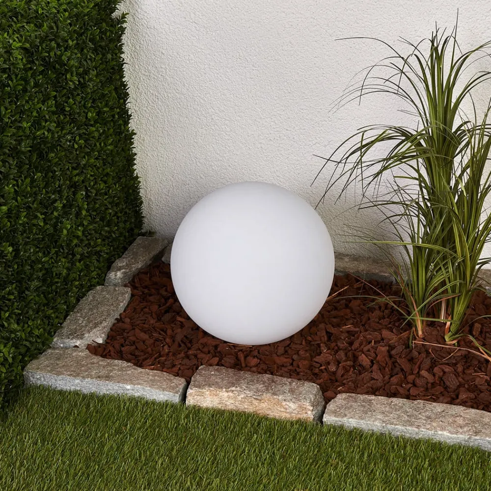 LED-solcellelampe Lago, Ø 30 cm, kugle, jordspyd, hvid^Lindby Discount