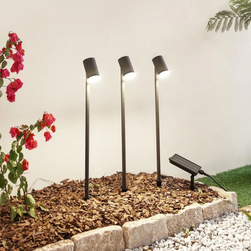 Lindby LED-solcellelampe Myric, sæt med 3, sort, aluminium, 3.000K