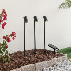 Lindby LED-solcellelampe Myric, sæt med 3, sort, aluminium, 3.000K