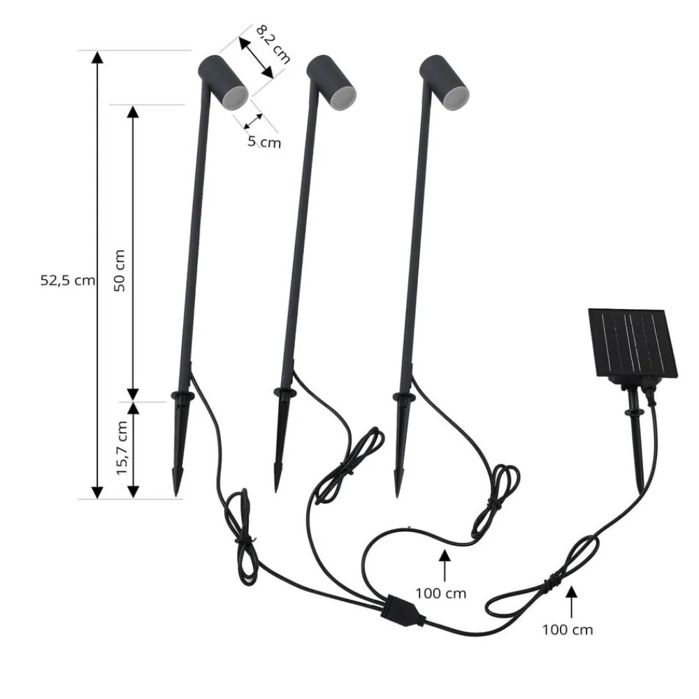 Lindby LED-solcellelampe Myric, sæt med 3, sort, aluminium, 3.000K